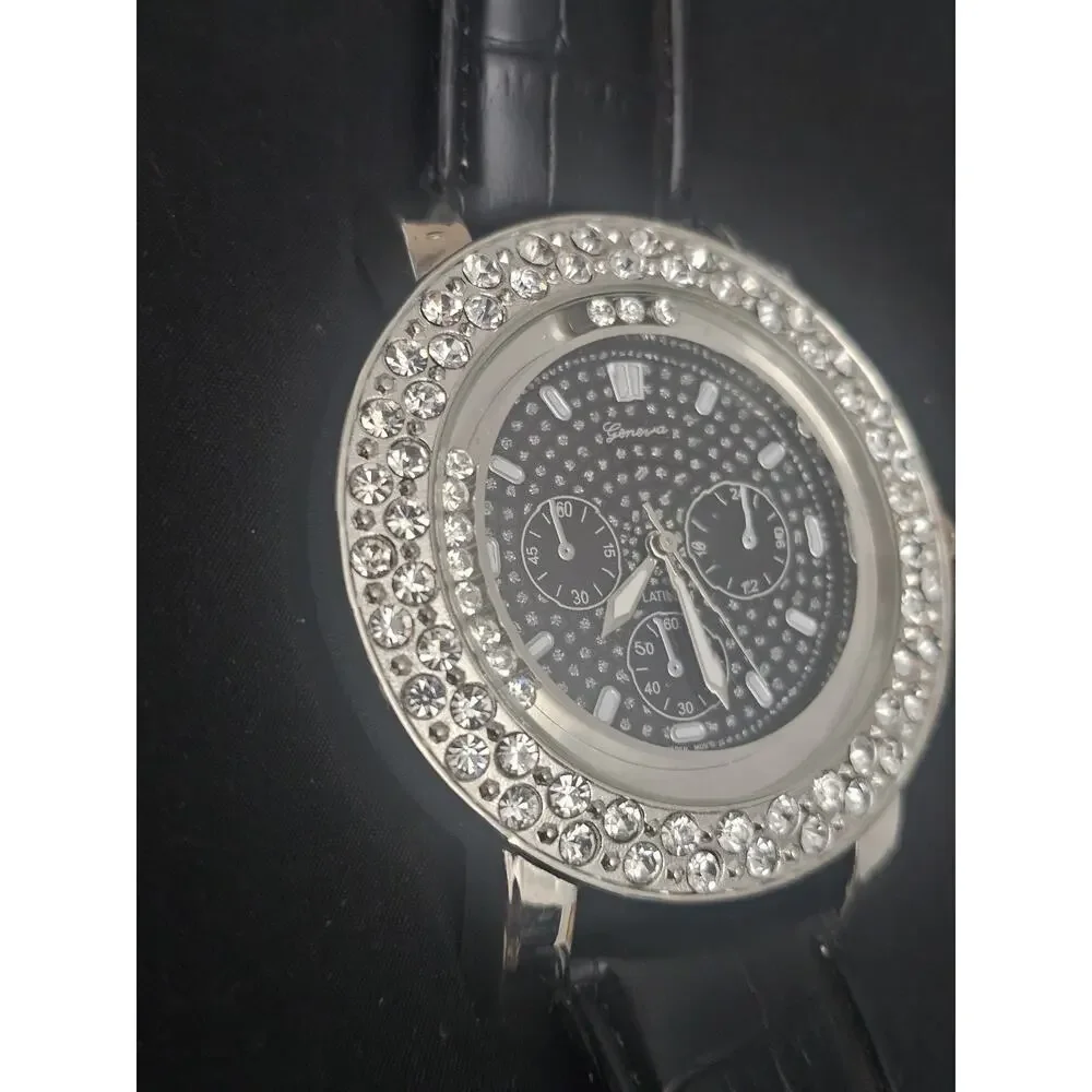 56.8mm silver crystal bezel Fashion Analog Quartz watch w/Genuine Leather Band